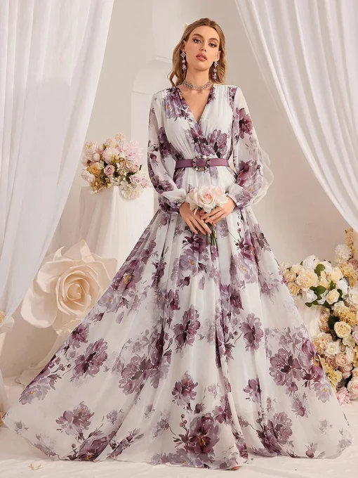 Elegant Floral Mesh Lantern Sleeve Belted Holiday Long Dress - Image 3