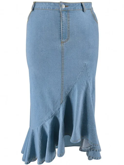 Plus Size Women's High Waist Washed Slit Denim Skirt - Image 5