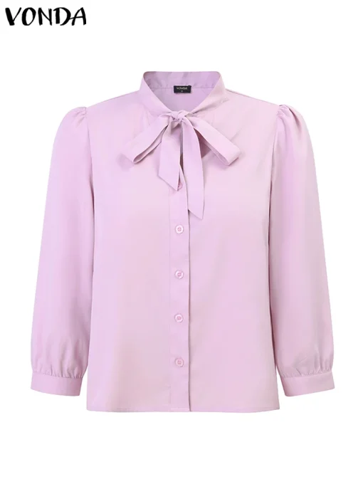 Elegant Summer Blouse with Bow Tie Neck for Women - Image 2