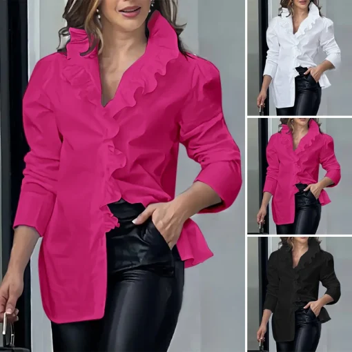 Plus Size Elegant Ruffle Neck Long Sleeve Shirt