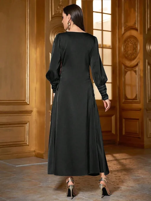 Women's Ankle-Length Slim Black Beaded Lantern Sleeve Dress - Image 2