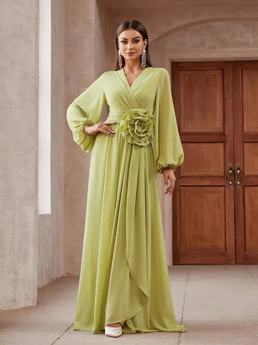 Luxury Elegant Solid Color 3D Floral Lantern Sleeve Maxi Dress - Image 3