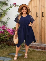 Plus Size Elegant V-Neck Cutout Print Party Dress