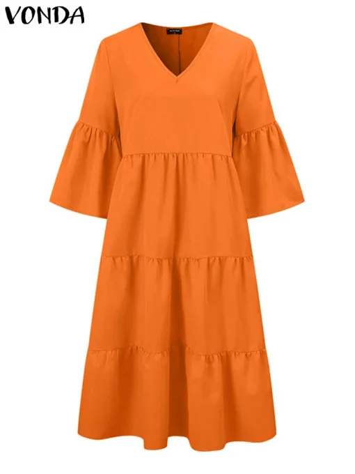 Summer Midi Dress, 3/4 Sleeve Flare Pleated Sundress - Image 2