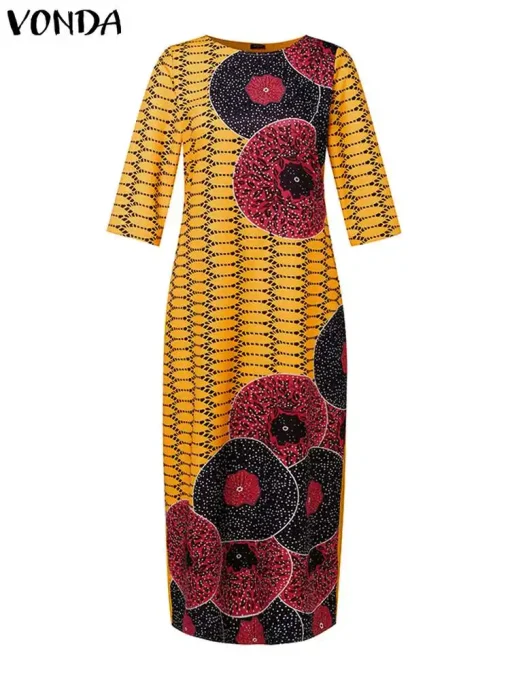 Women Bohemian Vintage 3/4 Sleeve Print Maxi Dress - Image 2