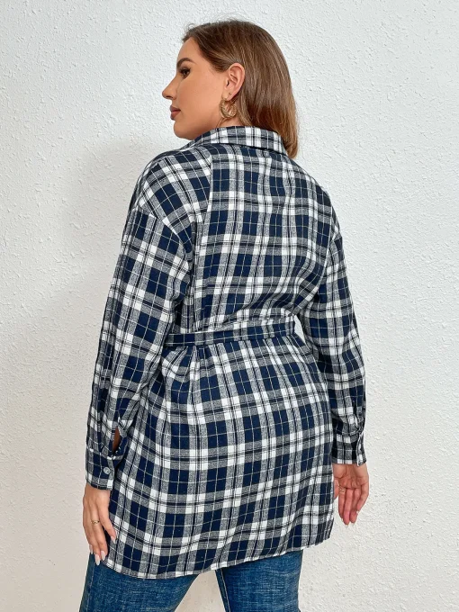 Plus Size Elegant Linen Plaid Straps Long Blouse for Women - Image 4