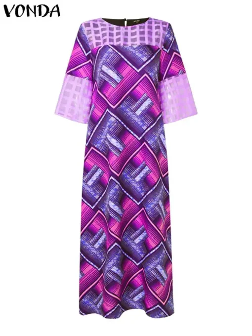 Plus Size Bohemian Printed Maxi Dress with Lace - Image 2