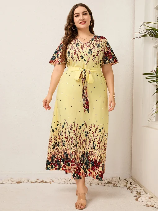 Elegant Plus Size Floral V-Neck Short Sleeve Summer Dress - Image 3