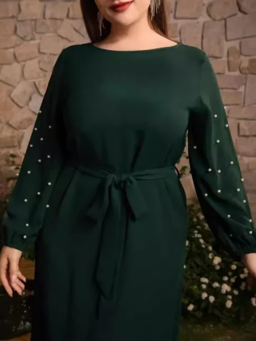 Elegant Plus Size Retro Long Sleeve Beaded Dress - Image 3