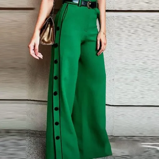 Elegant Wide Leg Office Pants with Button Detail - Image 6