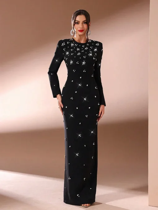 Elegant Rhinestone Long Sleeve Maxi Dress for Formal Events