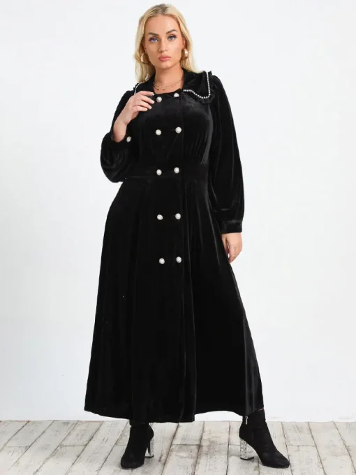 Elegant Plus Size Black Polyester A-Line Button-Up Dress