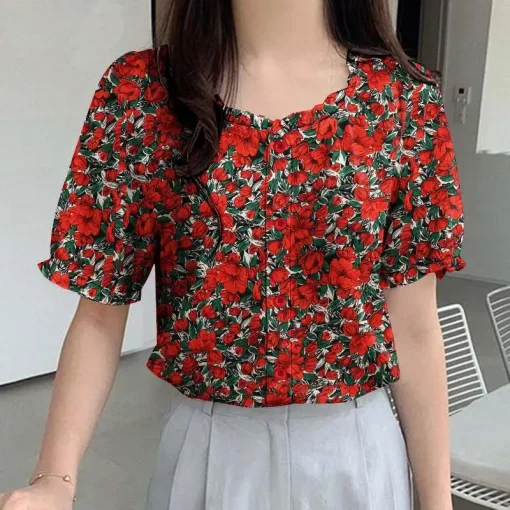 Women's Floral Printed Puff Sleeve Beach Blouse - Image 5