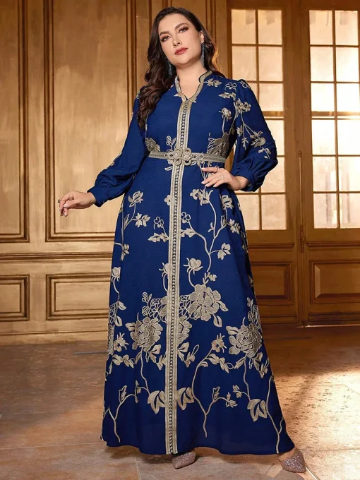 Plus Size Floral Patchwork Belted Arabian Evening Maxi Dress