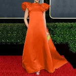 Summer Satin Silk Dress, Puff Sleeve Stand Collar