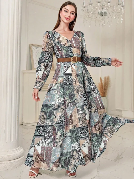 Casual V-Neck Long Sleeve Floral Print Boho Maxi Dress