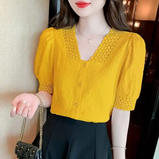 Women's Lace V-Neck Short Puff Sleeve Top - Image 9