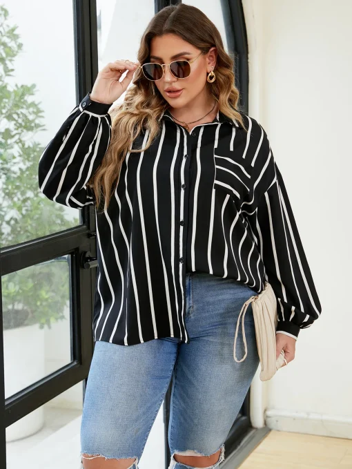 Elegant Plus Size Stripe Lapel Loose Blouse for Women - Image 4