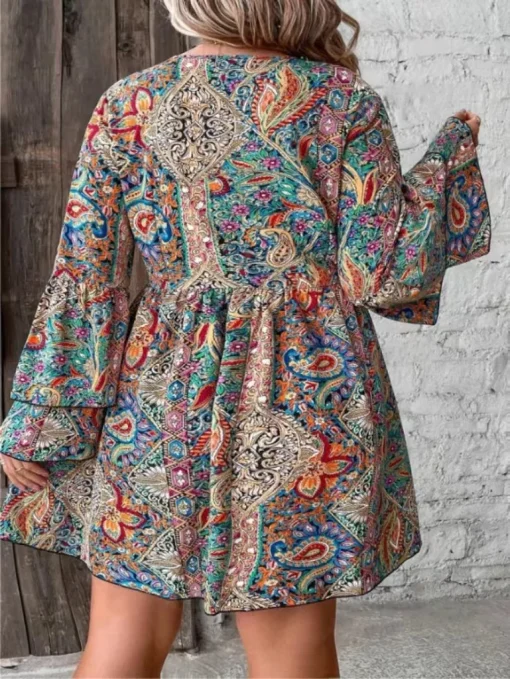 Elegant Plus Size V-Neck Printed Long Sleeve Summer Dress - Image 2