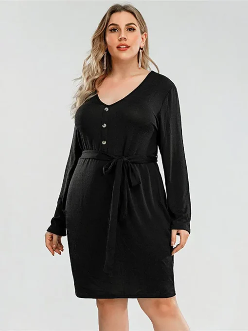 Elegant Plus Size Black V-Neck Belted Summer Dress - Image 3