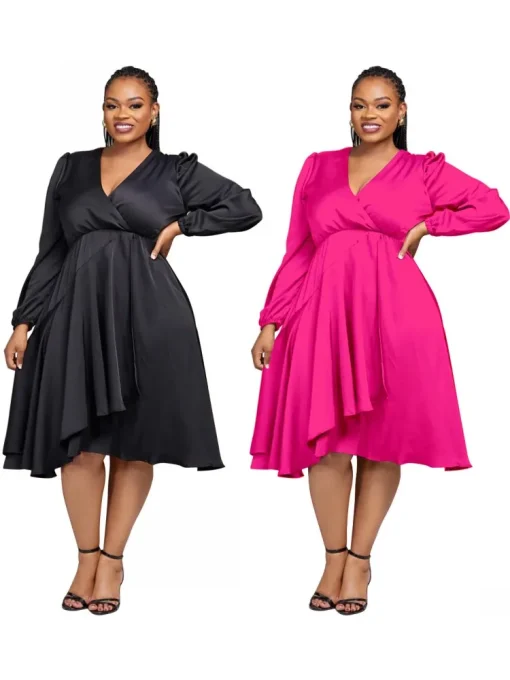 Plus Size Bohemian Black Midi Dress Long Sleeve Casual - Image 5