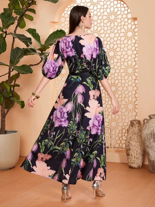 Women's Boho Print Floor-Length Dress with Lantern Sleeves - Image 2