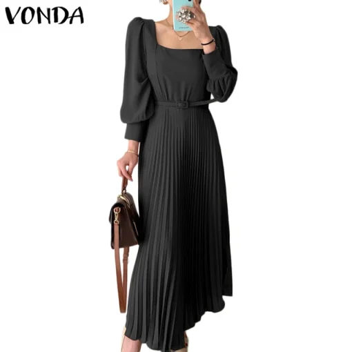 Elegant Lantern Sleeve Maxi Dress with Square Collar - Image 8