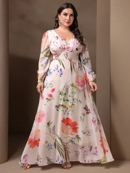 Elegant V-Neck Floral Mesh Plus Size Long Sleeve Dress