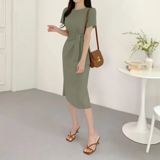 Women’s Elegant Pleated Waist Midi Shirt Dress