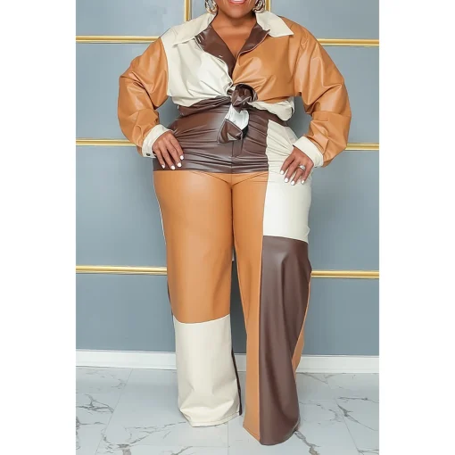 Plus Size Brown Patchwork PU Leather Pant Suit