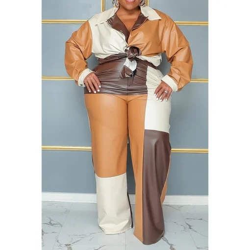 Plus Size Brown Patchwork PU Leather Pant Suit - Image 5