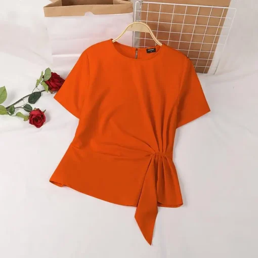 Women’s Elegant Loose Short Sleeve Solid Color Blouse - Image 5