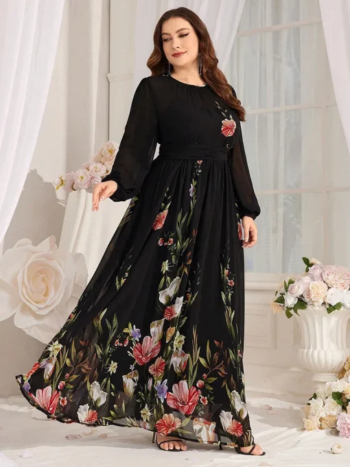 Plus Size Floral Print Lantern Sleeve Mesh Midi Dress - Image 5