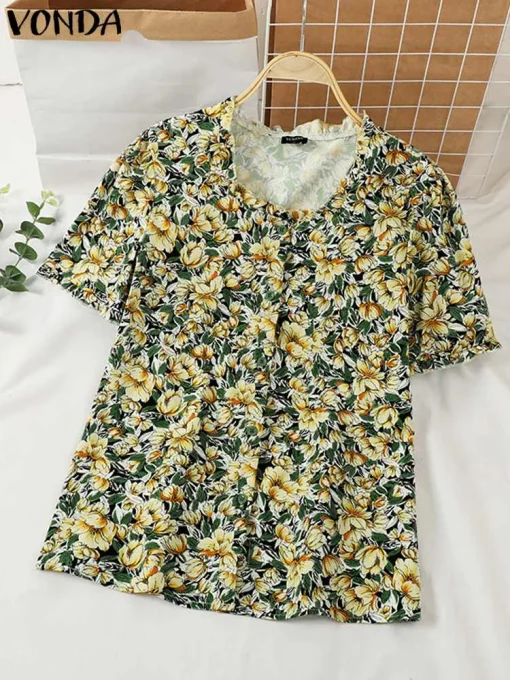 Women's Floral Printed Puff Sleeve Beach Blouse - Image 2