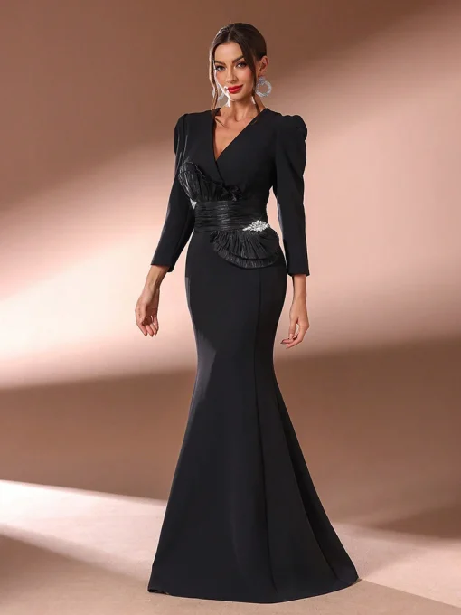 Elegant Rhinestone V-Neck Long Sleeve Solid Color Dress - Image 2