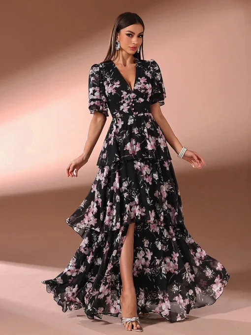 V-Neck Ruffle Sleeve Floral Tiered Hem Maxi Dress