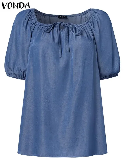 Women's Denim Puff Sleeve Square Neck Tunic Blouse - Image 2