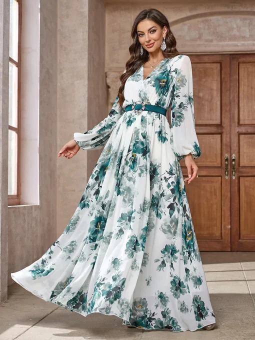 Floral Printed Mesh Lantern Sleeve Belted Long Dress - Image 2