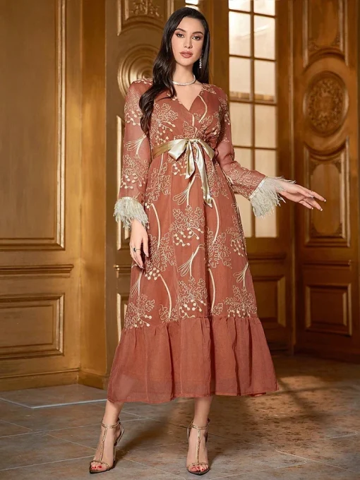 Women's Ankle-Length Embroidered V-neck Flared Sleeve Dress