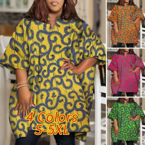Plus Size Elegant Printed V-Neck Blouses for Women
