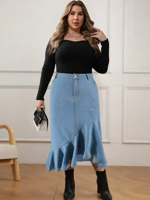 Plus Size Women's High Waist Washed Slit Denim Skirt - Image 2