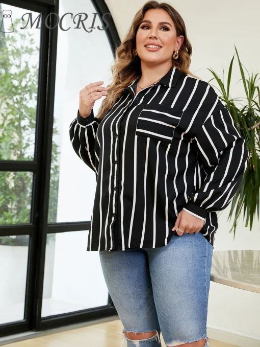 Elegant Plus Size Stripe Lapel Loose Blouse for Women - Image 2