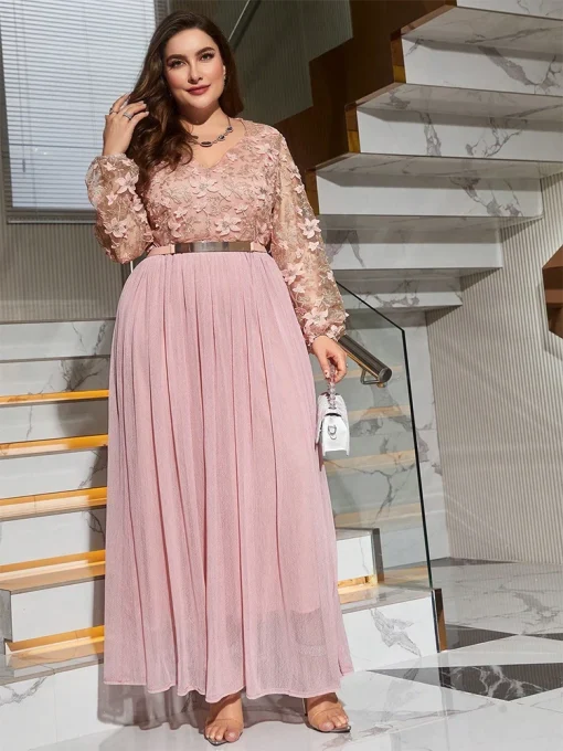 Plus Size Elegant Applique V-Neck Lantern Sleeve Maxi Dress