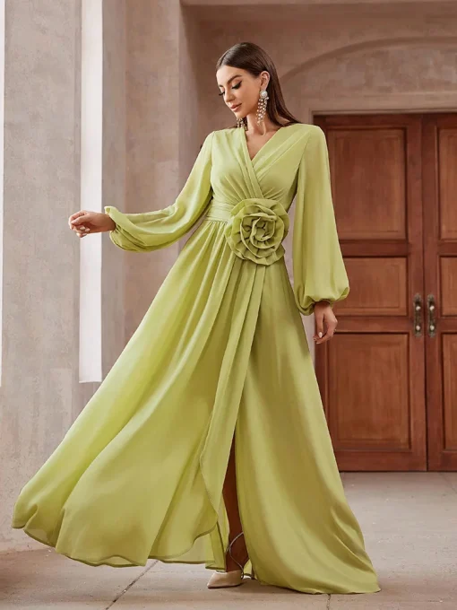 Luxury Elegant Solid Color 3D Floral Lantern Sleeve Maxi Dress - Image 4