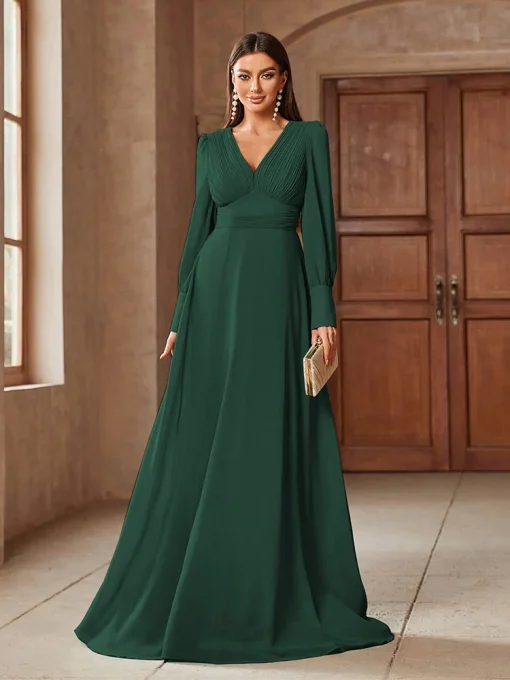 Simple V-Neck Solid Color Long Sleeve Formal Party Dress