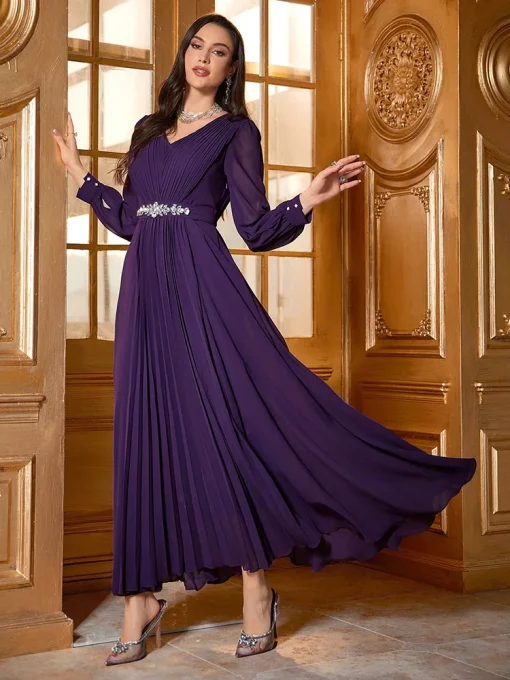 Elegant V-Neck Pleated Swing Dress with Rhinestone Embellishment - Image 2