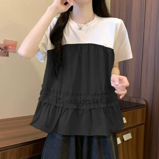 Women's Summer Ruffled Patchwork Short Sleeve Blouse - Image 5