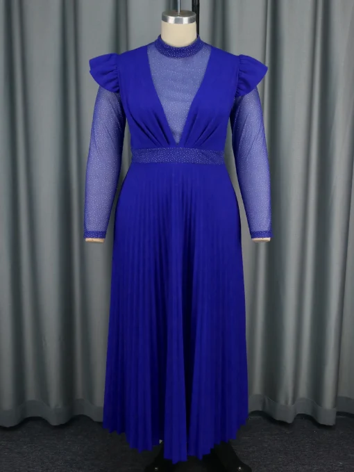 Blue High Neck See-Through Mesh Pleated Evening Party Dress - Image 2