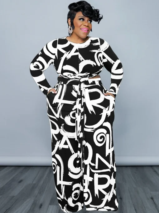 Plus Size Fashion Print Top and Wide Leg Pant Set