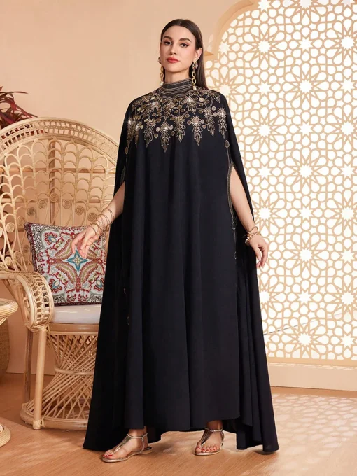 Luxury Arabian Embroidered Stand Collar Cape Sleeve Maxi Dress